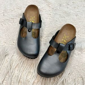 BIRKENSTOCK Papillio Boston Shoes Gray Metallic Textured Leather Clogs 7 NEW!